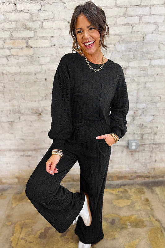Black Textured Chest Pocket Drop Sleeve Top and Pants Set fa9db3255f52e2ff
