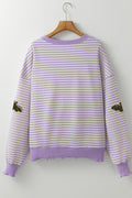 Purple Stripe Sequin Halloween Bat Patched Drop Shoulder Long Sleeve Top Purple Stripe 97%Polyester+3%Elastane fa9e0a1dae8833fe