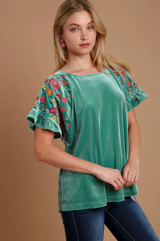 Velvet Embroidery Short Sleeve Blouse fa9fd5cc-2c56-4c1f-ad3e-34dd49f87a2c-Max