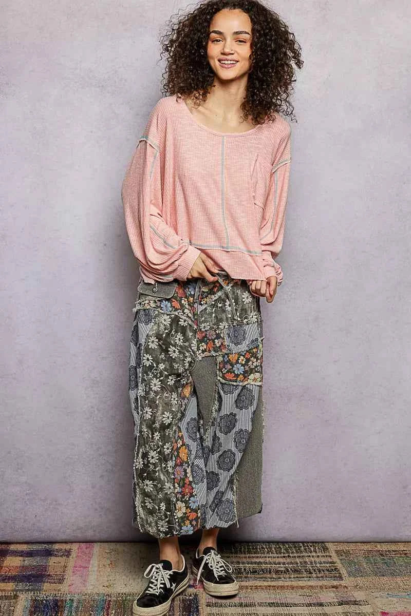 POL Round Neck Long Sleeve Exposed Seam Top with Chest Pocket faa0230a-65b1-4fe7-a959-c65e23593d8e-Max-Origin