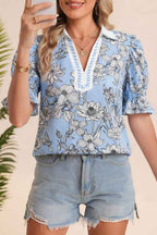 Floral Stripe Polo Collar Short Sleeve Blouse Sky Blue faa6a539-b4c0-48f6-a8c6-06c07e06cb3c