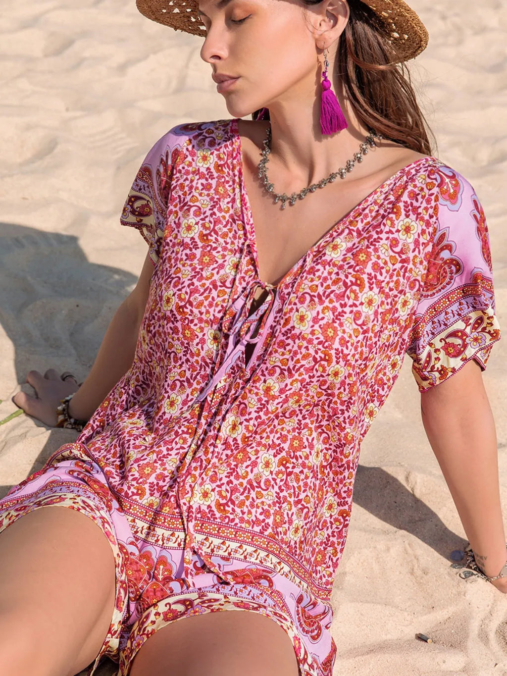 Printed V-Neck Short Sleeve Romper fac310b7-e20a-463e-82a5-6100a431055a-Max-Origin