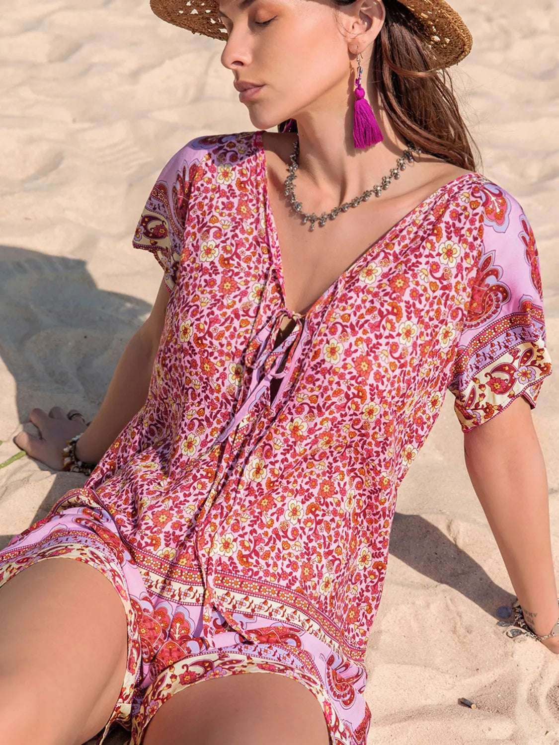 Printed V-Neck Short Sleeve Romper fac310b7-e20a-463e-82a5-6100a431055a-Max-Origin