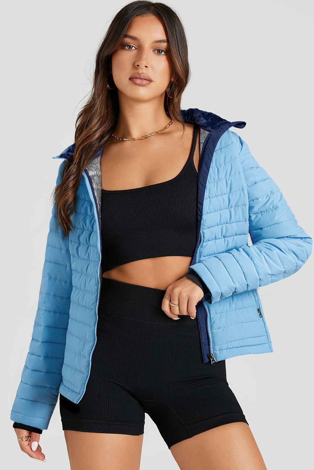 Silvery Solid Color Quilted Zip-up Puffer Jacket fac6b57794c2ce92