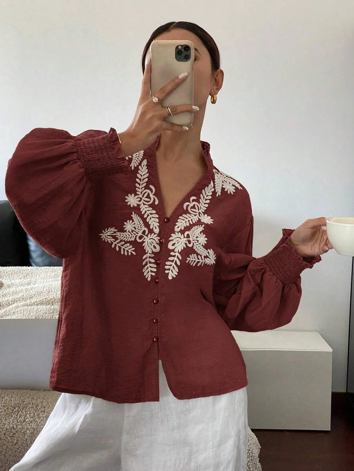 Embroidered Lantern Sleeve Blouse fac9b353-728c-416d-8d36-e4b50b3f1c3c-Max-Origin