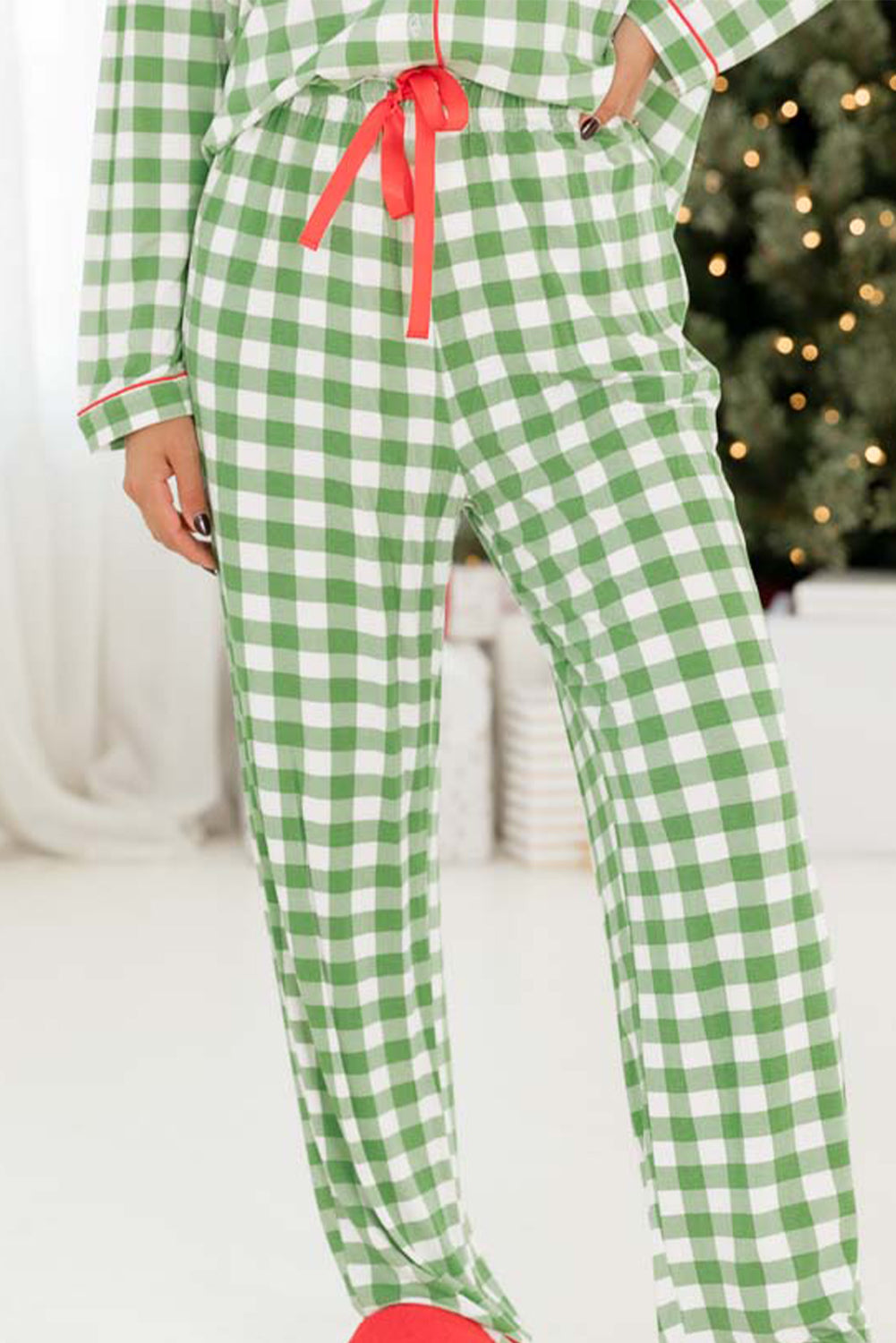 Light Green Plaid Print Shirt and Drawstring Pants Pajama Set facbe439ead5fde7