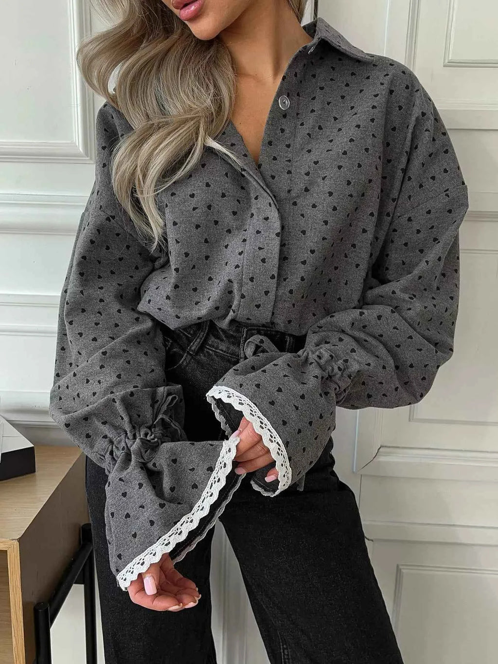 Heart Print Button Up Flounce Sleeve Shirt Dark Gray faccfded4ffc4d1c99a6e1fc7fe3d604-Max-Origin