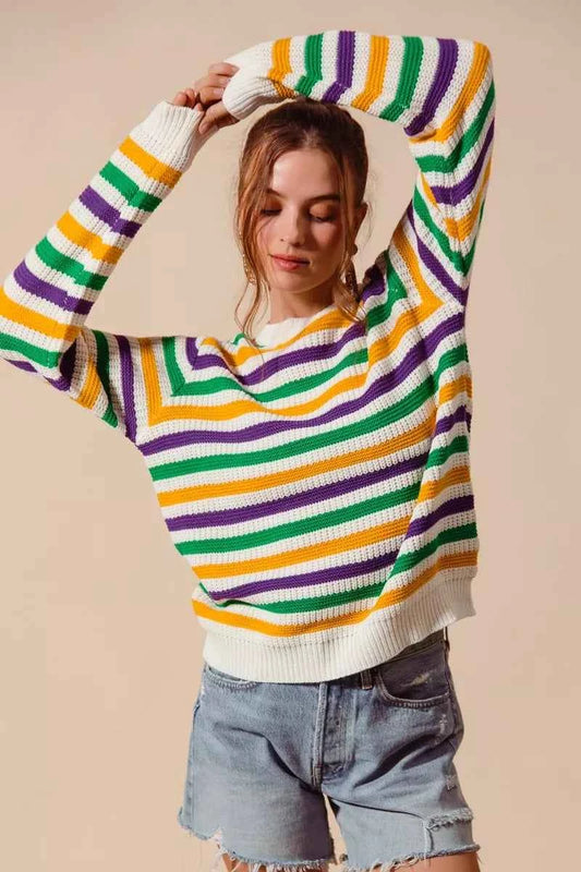 Mardi Gras Color Stripe Knit Sweater Top face6ff30b854e6b8ab988c34ffe90fb-Max-Origin