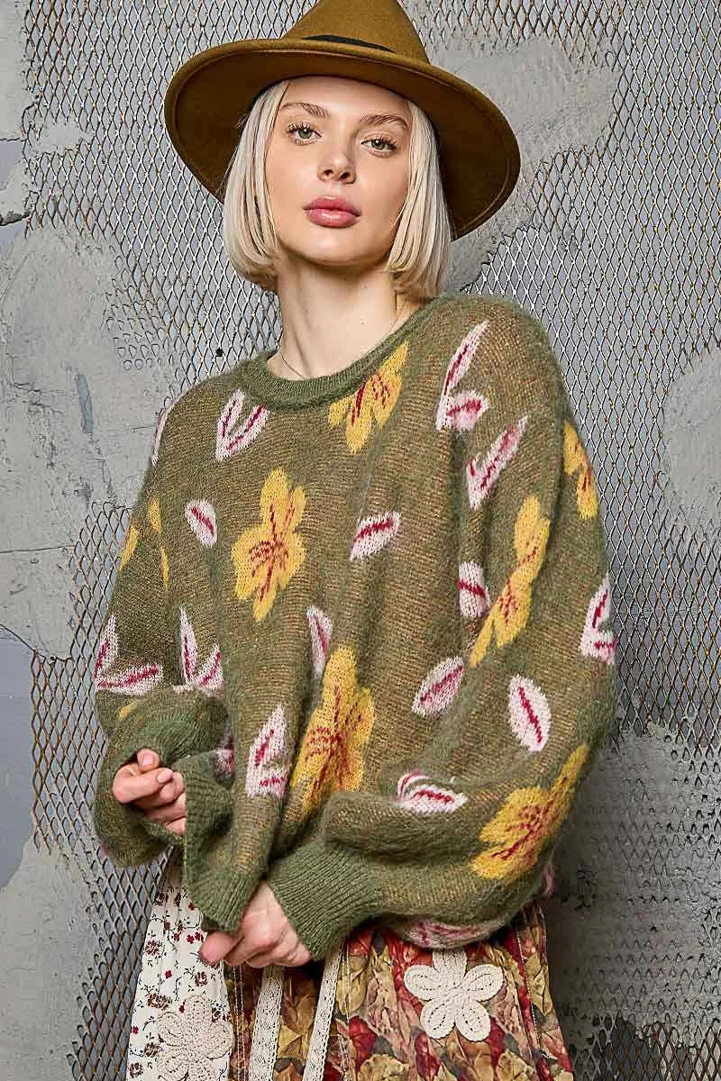 POL Floral Pattern Round Neck Balloon Sleeve Sweater facf0ce1-1013-4293-8500-7a0285a577fb-Max-Origin