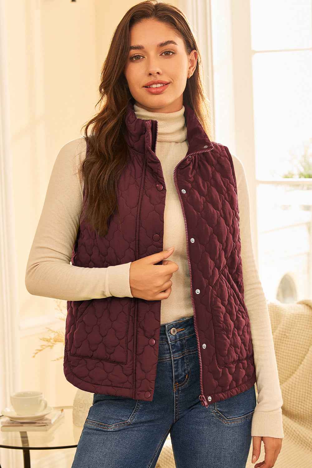 Dark Brown Flower Shape Quilted Snap Button Zip Up Winter Vest facfa62b26f57467