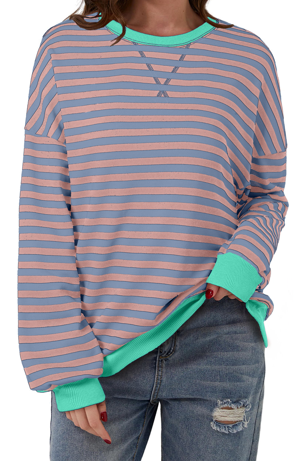 White Striped Contrast Trim Drop Shoulder Sweatshirt fad24faf82aa2264