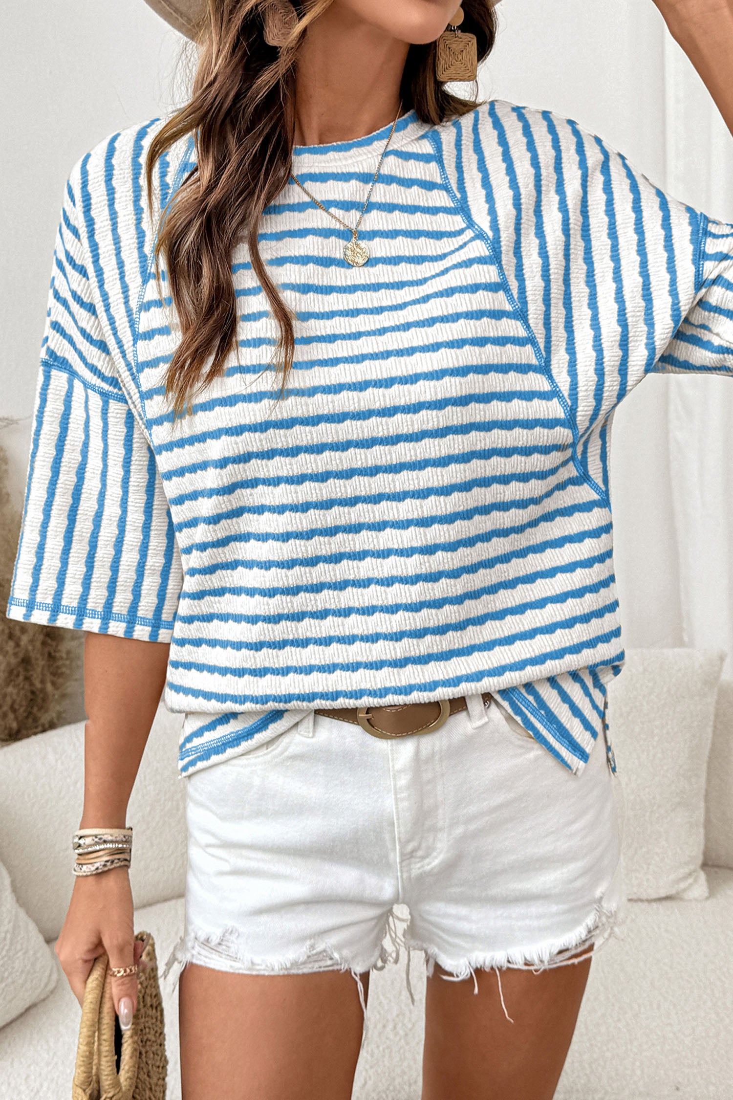 Sky Blue Stripe Textured Knit Split Hem Half Sleeve Loose Top Sky Blue Stripe 85%Polyester+10%Viscose+5%Elastane fad6714be6744e20