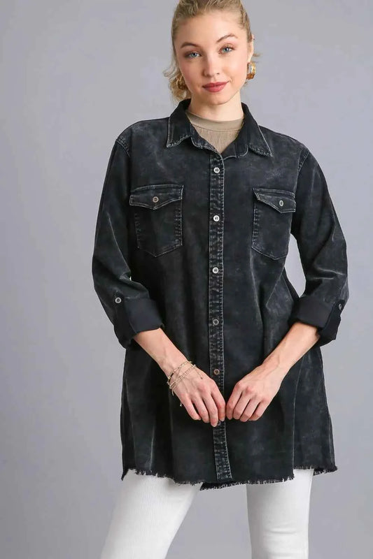 Umgee Raw Hem Button Down Denim Jacket with Chest Pockets Black fad67afd-6006-4c16-a22f-5cf4aaac1d93-Max
