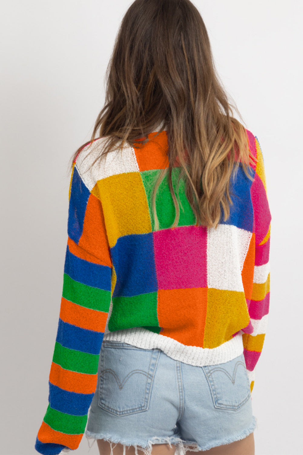Orange Checkered Color Block Round Neck Loose Sweater fad6ab849312abb8