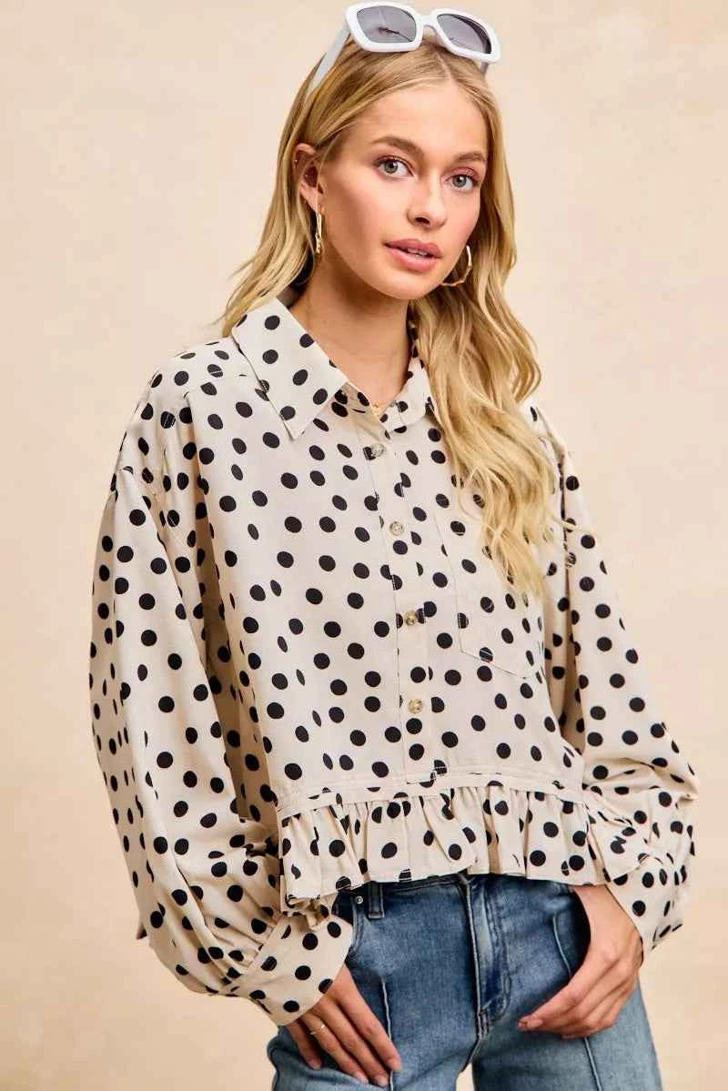 BiBi Crinkle Polka Dot Ruffled Hem Button Up Shirt Top fad844b4297f457e9e01a6a1fb5f0524-Max-Origin