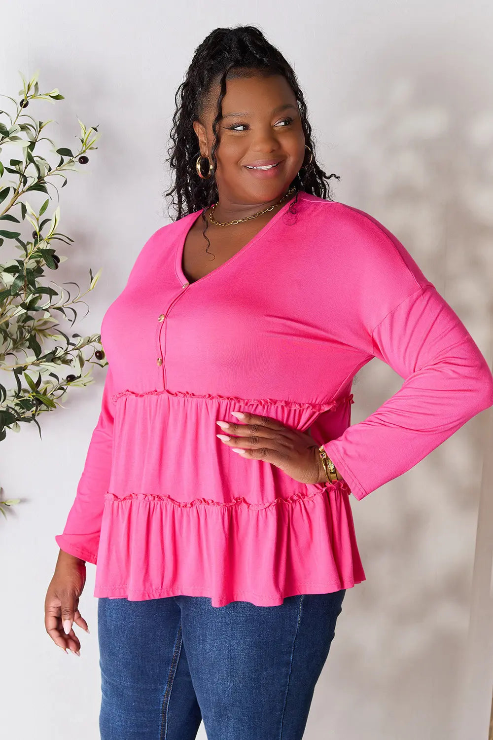 Double Take Half Button Long Sleeve Ruffle Hem Blouse fad87d94c863434b99eda1897fa5850d-Max
