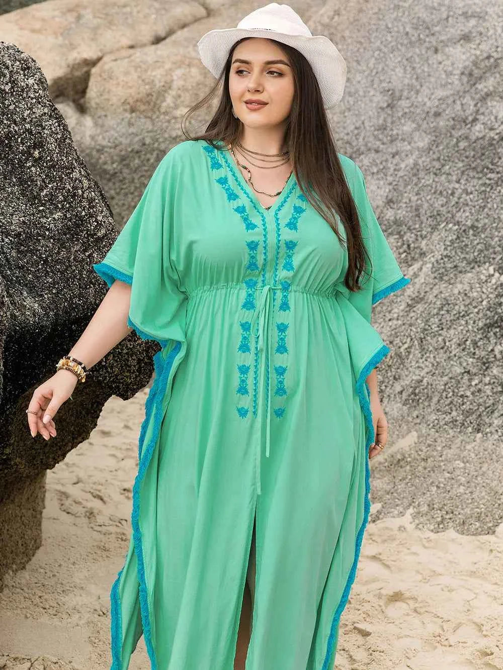 Plus Size Tied Fringe V-Neck Half Sleeve Dress fad91abc-170f-4444-bc9c-80662d3cfcb3-Max