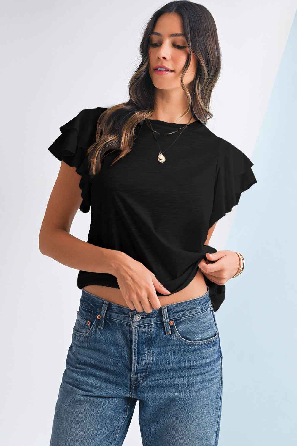 Dark Grey Ruffle Sleeve Plain Blouse fada0cd804cdb191
