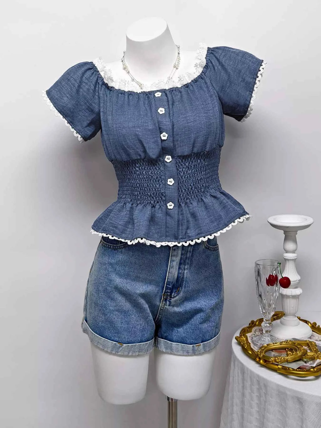 Smocked Short Sleeve Blouse Blue fae345b56ae14f2b8d1b2a07b5bc6d06-Max-Origin