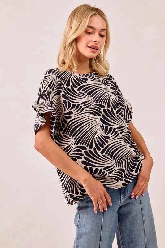 BiBi Print Woven Ruffled Sleeves Top faea6c27-1c66-40e8-ba67-a1f2d491e2a8-Max-Origin