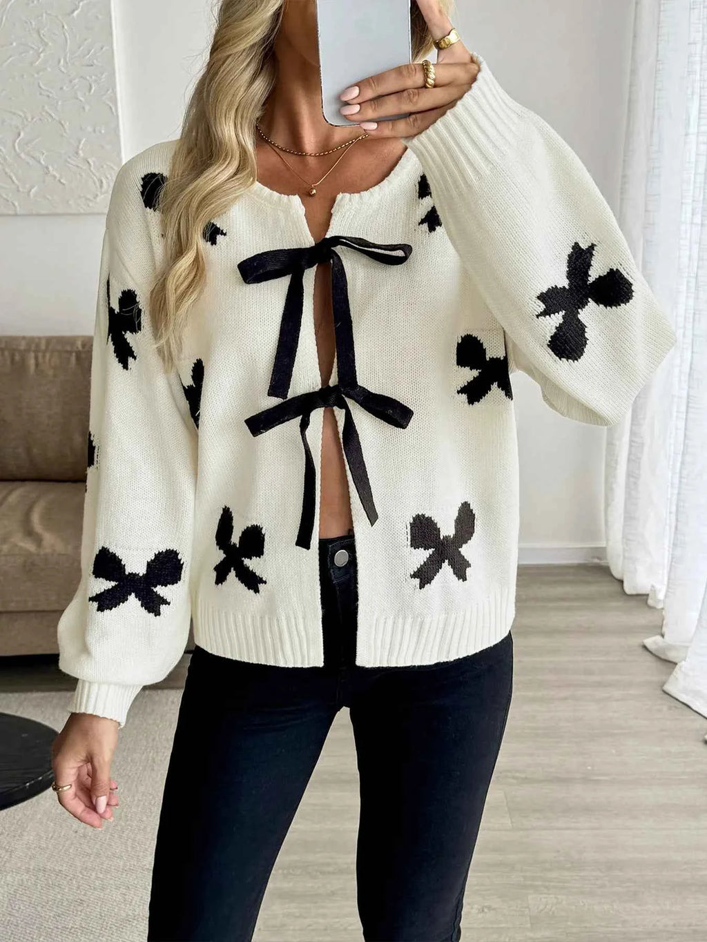 Bow Print Tie-Front Cardigan faf01744498343438ea916176694bf64-Max-Origin