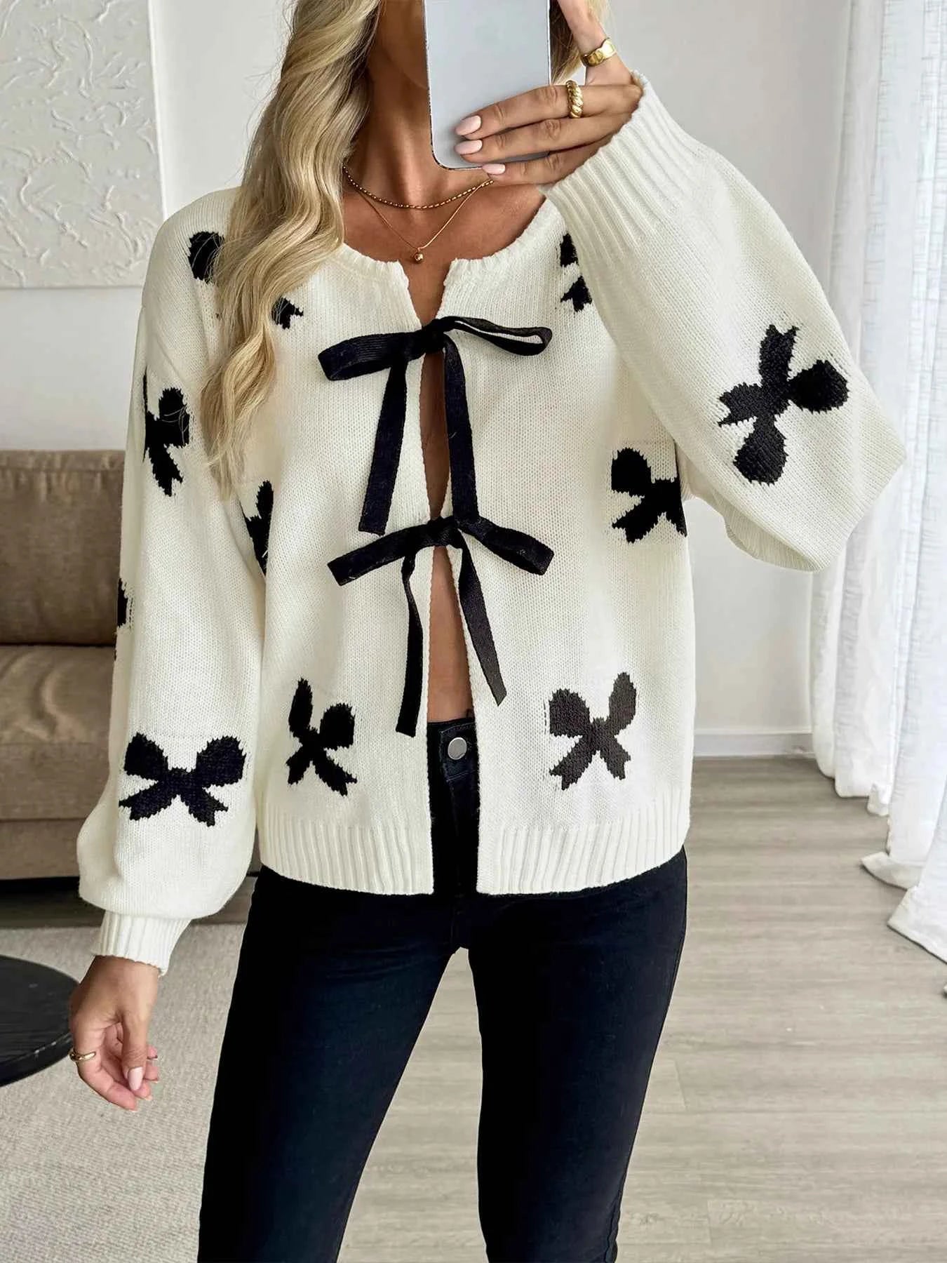 Bow Print Tie-Front Cardigan faf01744498343438ea916176694bf64-Max-Origin