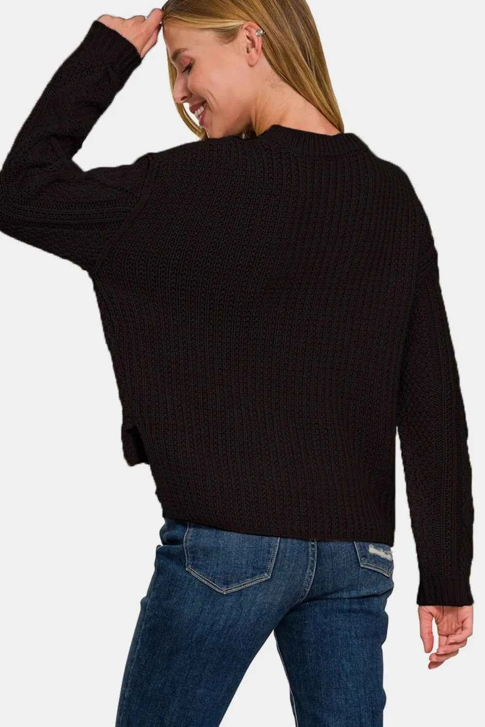 Zenana Cropped High Low Cable Sweater with Side Slits faf11227-7686-406c-9a39-0093d5c7ea2c-Max