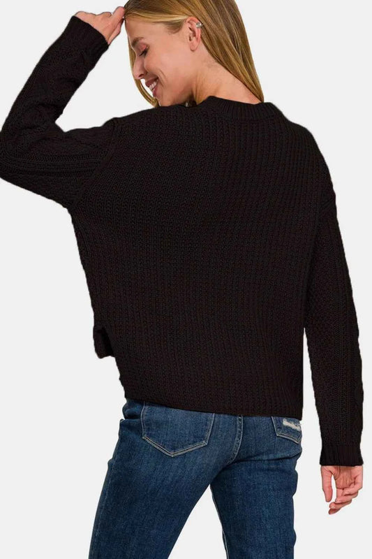 Zenana Cropped High Low Cable Sweater with Side Slits faf11227-7686-406c-9a39-0093d5c7ea2c-Max