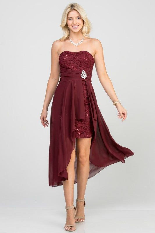 Women’s Strapless Chiffon High-Low Dress – Lace Bodice Open Back Cocktail Dress Burgundy faf6426f-b0ee-48e6-83d6-0e32d052a83a