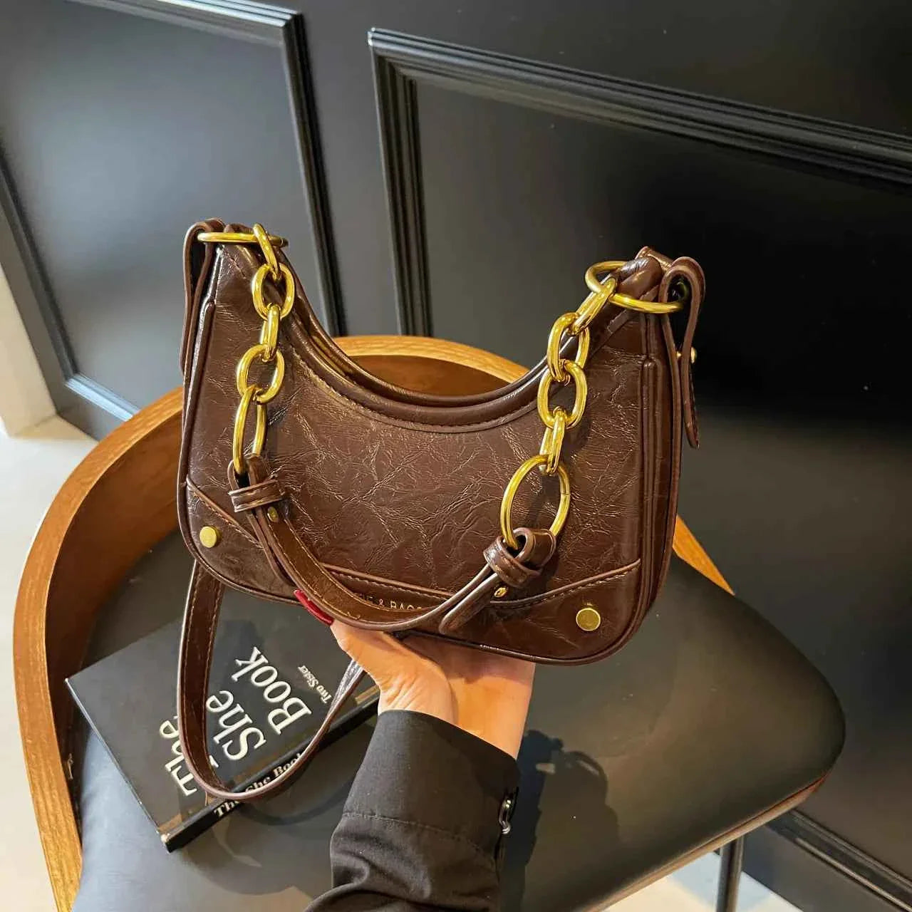 Leather Crescent Shoulder Bag Coffee onesize faf84d86dbda48f4953a266f962c885e-Max-Origin