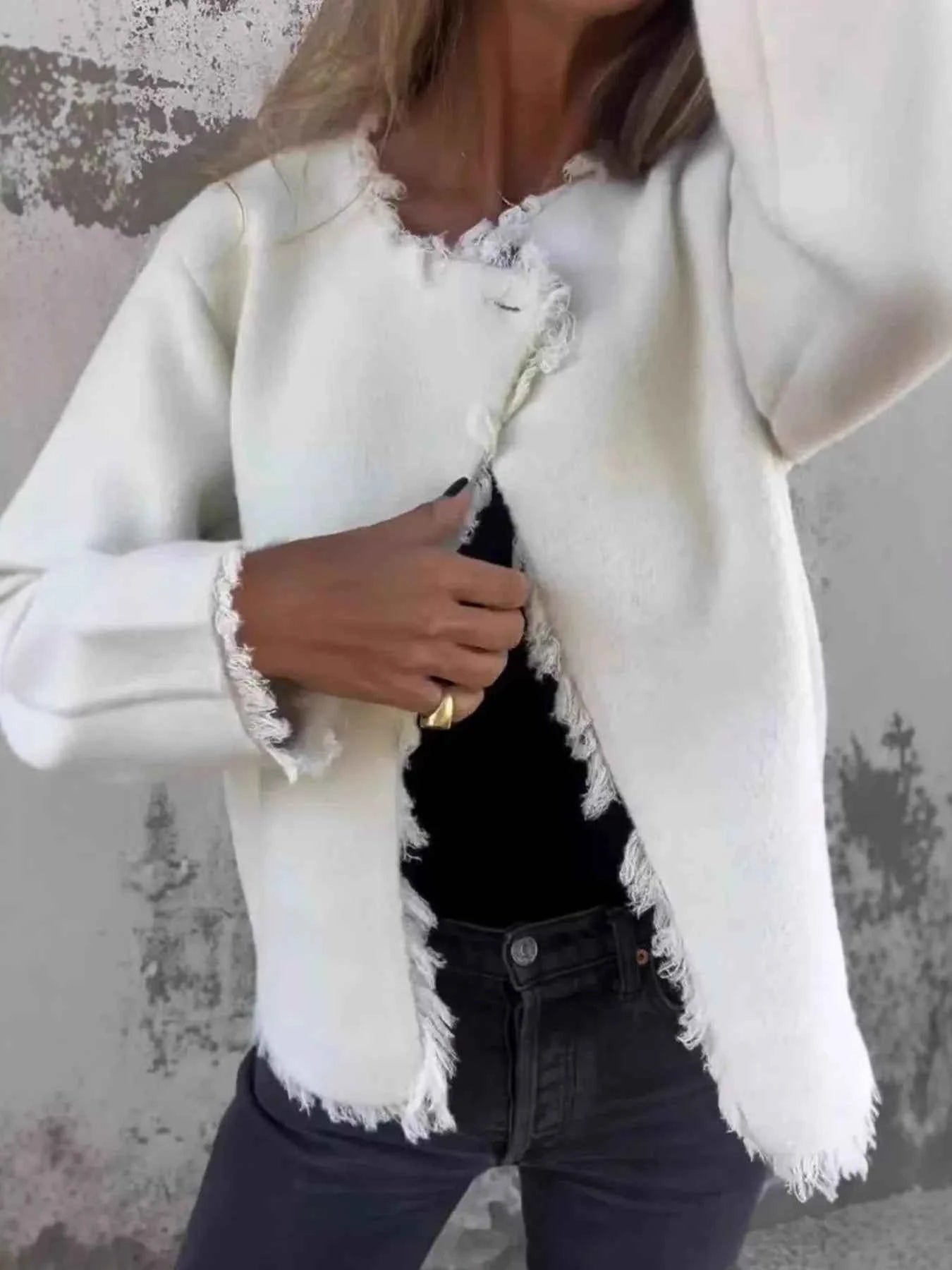 Full Size One Button Frayed Edge Cardigan Plus Size White fb005a26-97b5-43c6-907e-dca86551d9f6-Max-Origin