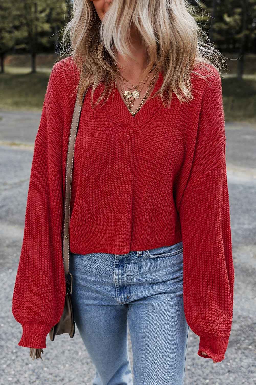Racing Red Solid Textured Knit V Neck Drop Shoulder Sweater fb03fdf134bc96a1