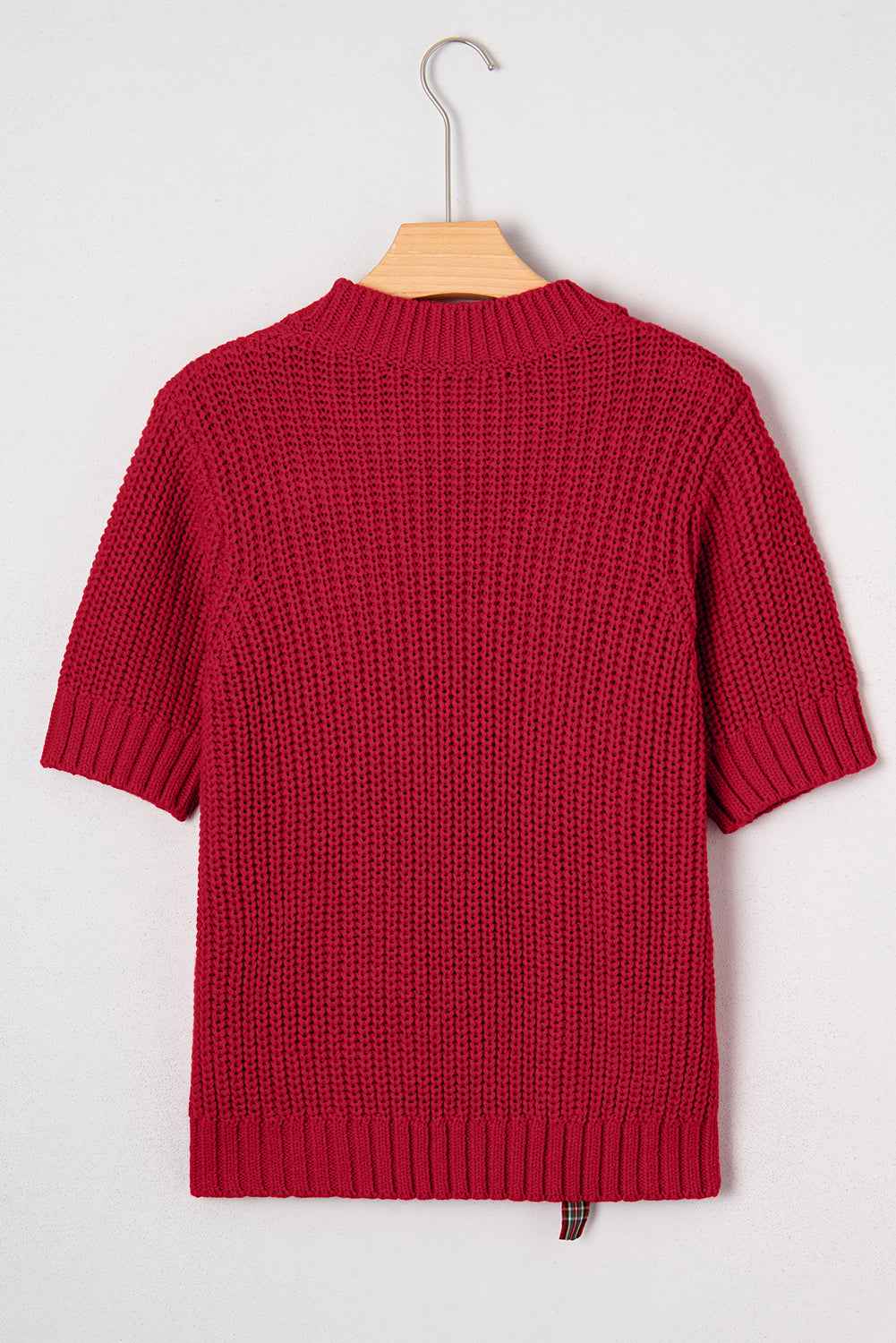 Fiery Red Plaid Lace-up Detail Christmas Holiday Puff Short Sleeve Sweater fb061b7a4f5e85d3