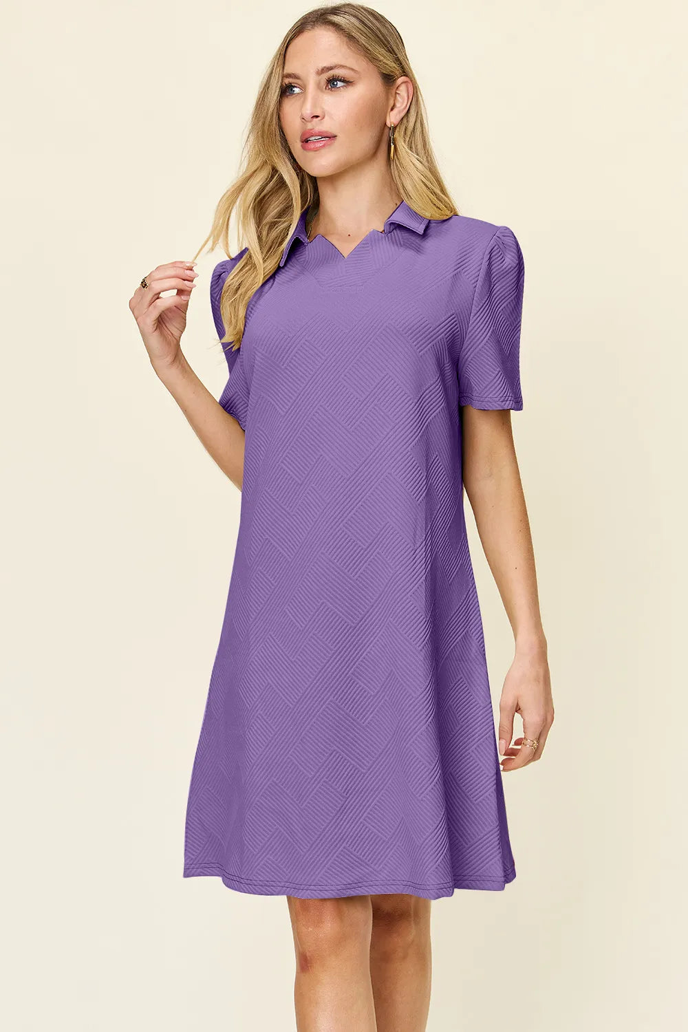 Double Take Full Size Texture Collared Neck Short Sleeve Dress Lavender fb067c3d-6146-4ae8-a3e0-5b6a13464354-Max