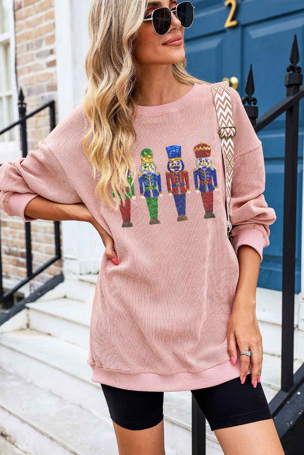 Gray Christmas Nutcracker Graphic Sequins Patch Corded Baggy Sweatshirt fb06be66a843991a
