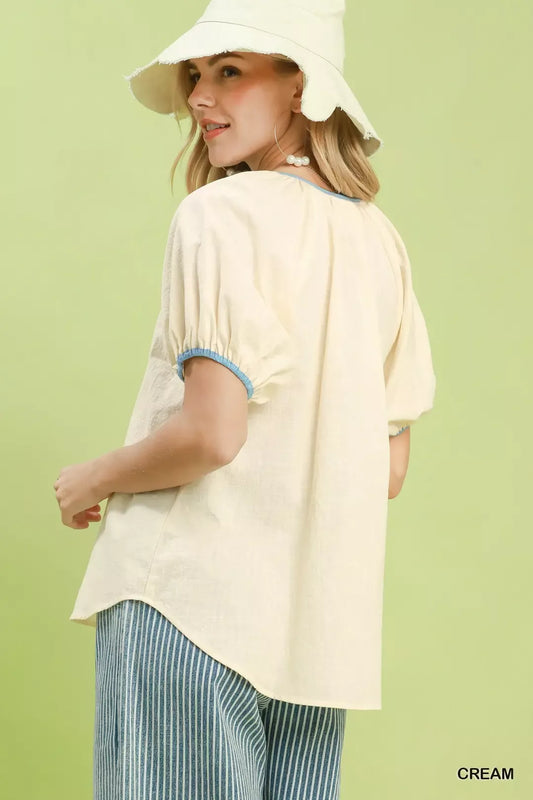 Contrast Trim Button Front Puff Sleeve Blouse fb06d640-d31b-450d-ad8a-17781daf7cdf-Max-Origin