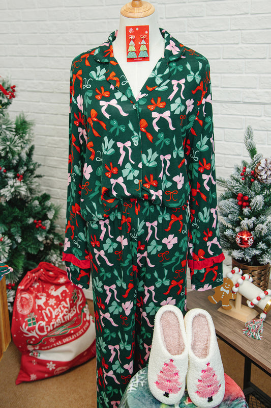 Green Festive Bow Print 2pcs Pajama Pant Set fb08903d6556b5d4