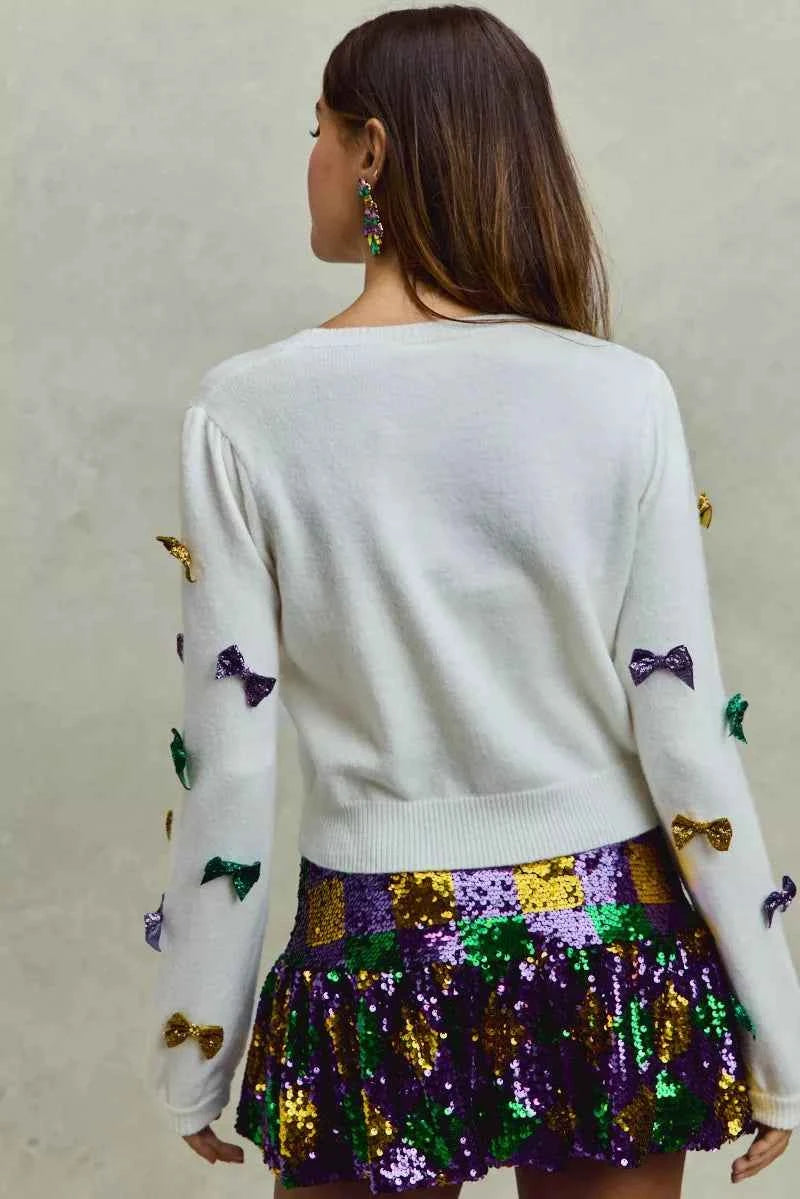 SO ME Mardi Gras Glitter Bow Ribbon Sweater Knit Top fb145543f8024d05b6e12b7fe2999707-Max-Origin
