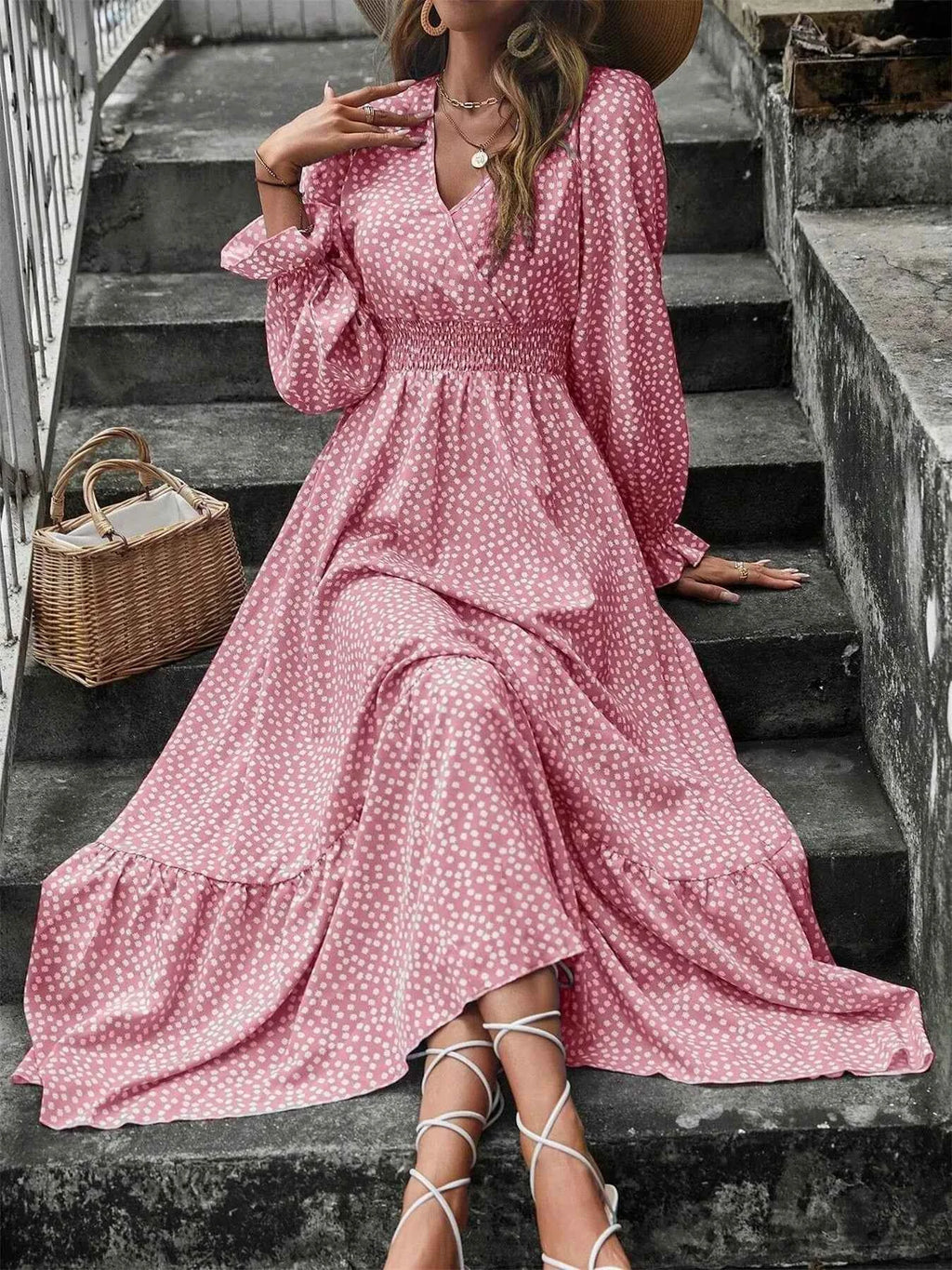 Smocked Waist Polka Dot Long Sleeve Maxi Dress Pink fb15c4ba-4bcc-473e-8817-ba776c0f62b5-Max-Origin