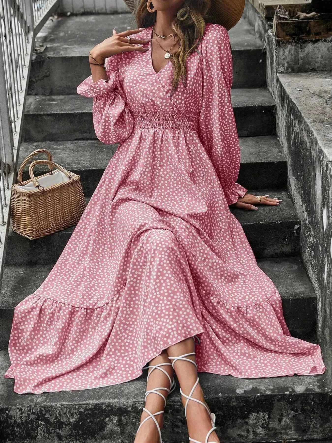 Smocked Waist Polka Dot Long Sleeve Maxi Dress Pink fb15c4ba-4bcc-473e-8817-ba776c0f62b5-Max-Origin