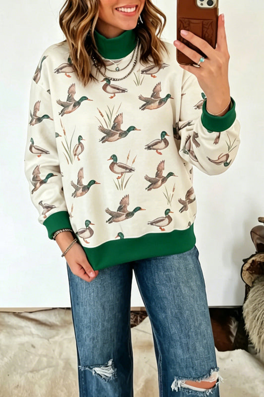 Multicolour Mallard Print Patchwork Colorblock High Neck Sweatshirt Multicolour fb185deb5569128b