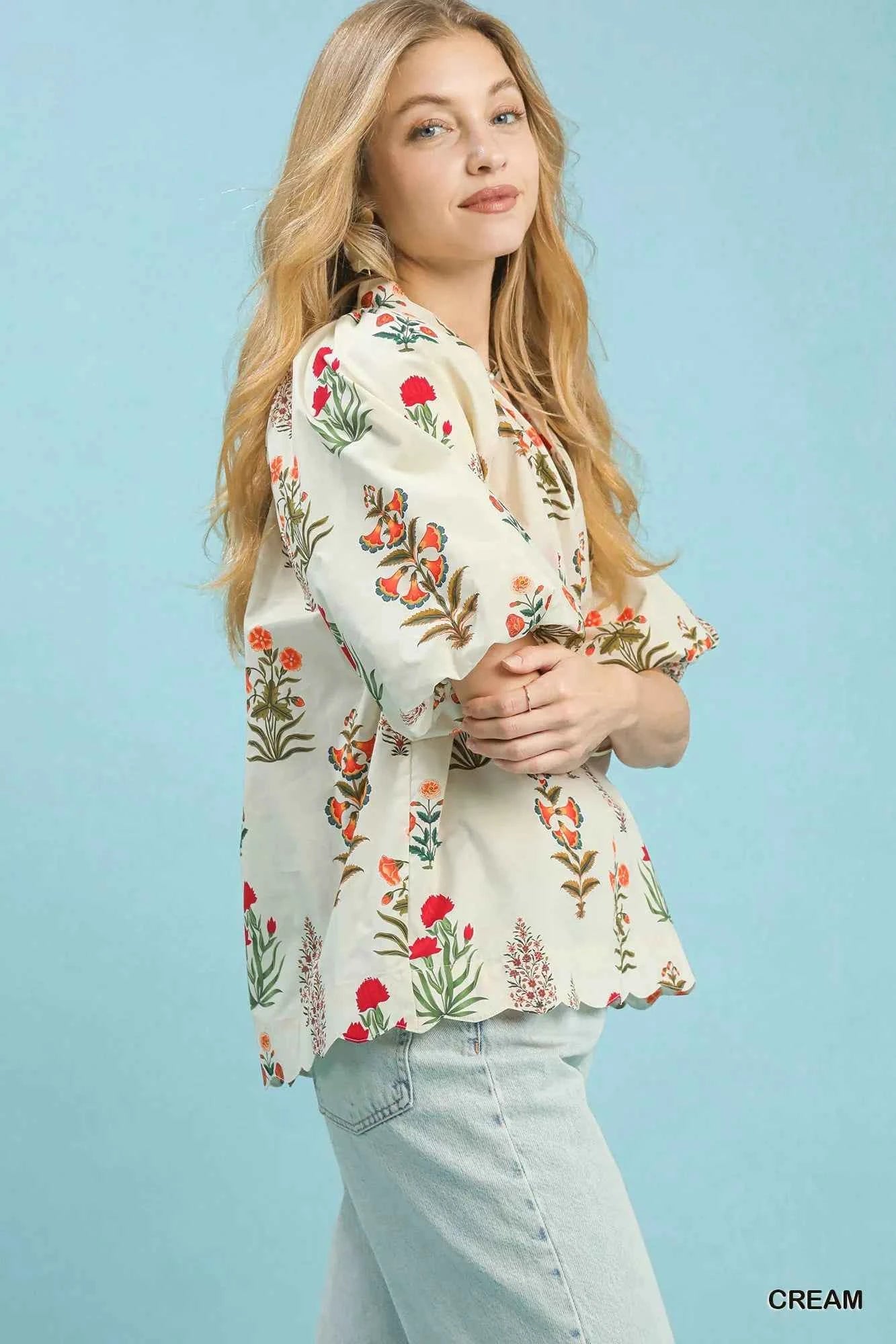 Umgee Floral Print Puff Sleeve Scallop Hem Blouse fb1c3837-aa90-4af7-88ab-a6b8af94306e-Max-Origin