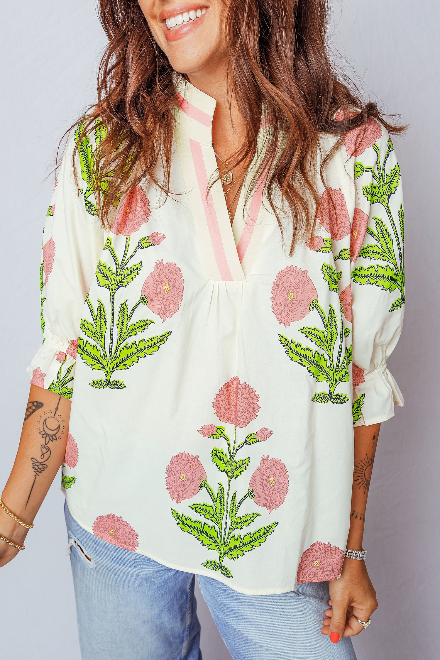 Casual Wild Flower Print V Neck 3/4 Sleeve Blouse fb1e38eb4c92d719