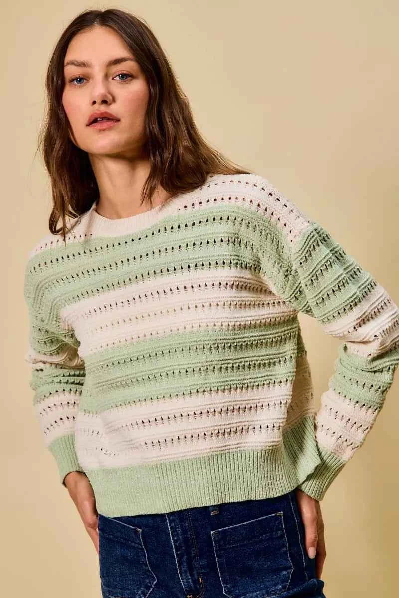 SO ME Openwork Round Neck Wide Stripe Textured Sweater fb1ec554-cef5-4a29-9726-f75bb790058d-Max-Origin