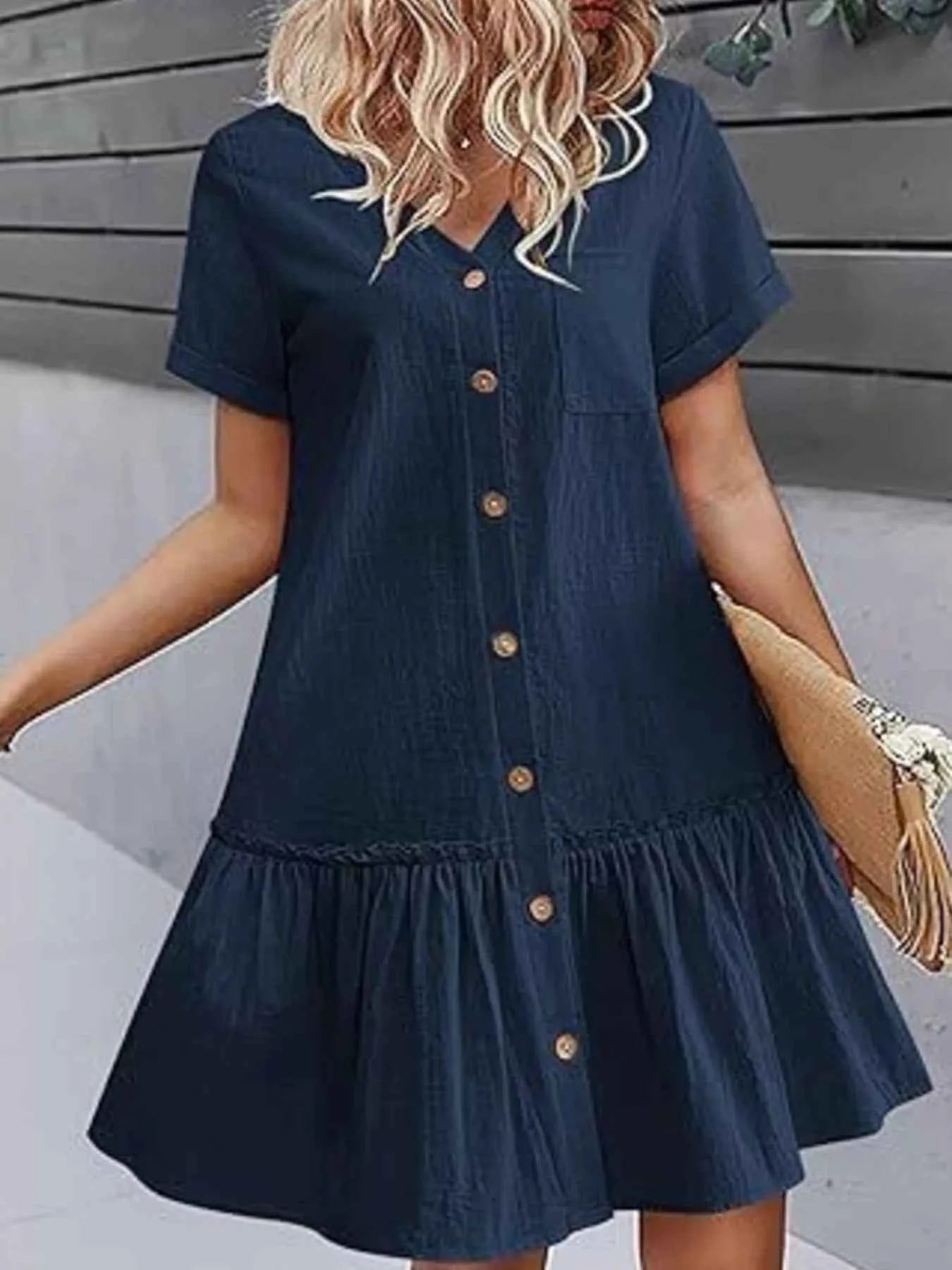 Full Size Button-Front Short Sleeve Tiered Dress Plus Size Dark Blue fb1f7c30-e30a-476a-8ab3-e8096dc75368-Max-Origin
