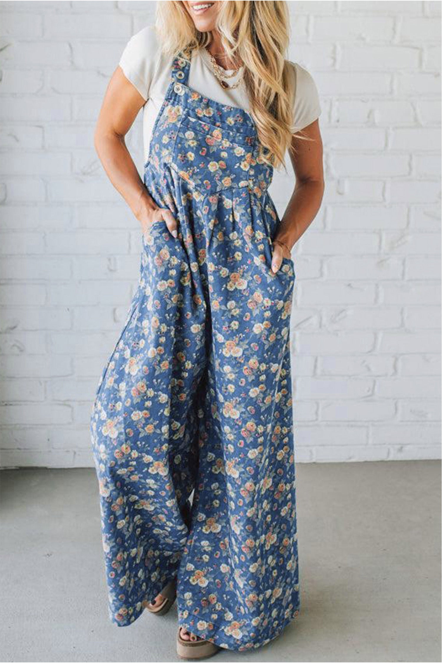 Blue Vintage Rose Printed Pleated Loose Denim Overall Jumpsuit Blue 60%Cotton+20%Polyester+20%Viscose fb22f390221f4822