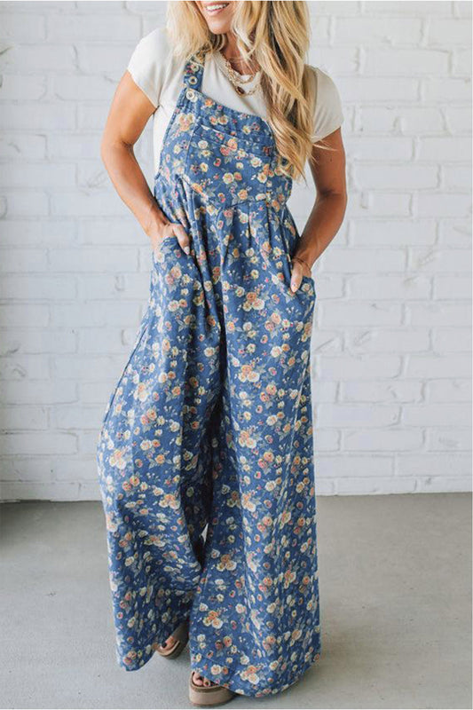 Blue Vintage Rose Printed Pleated Loose Denim Overall Jumpsuit Blue 60%Cotton+20%Polyester+20%Viscose fb22f390221f4822