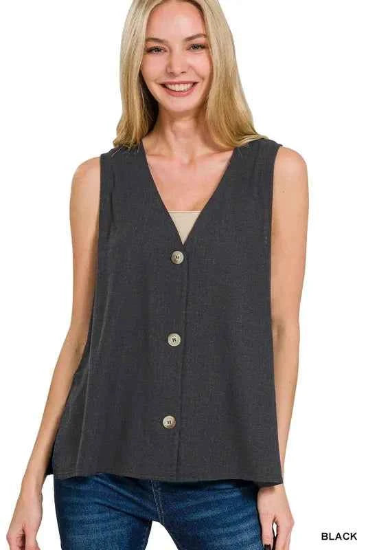 Zenana Side Slit Button-Front Vest BLACK fb234bc2-f786-49e2-aac6-bcbc96a6212a-Max-Origin
