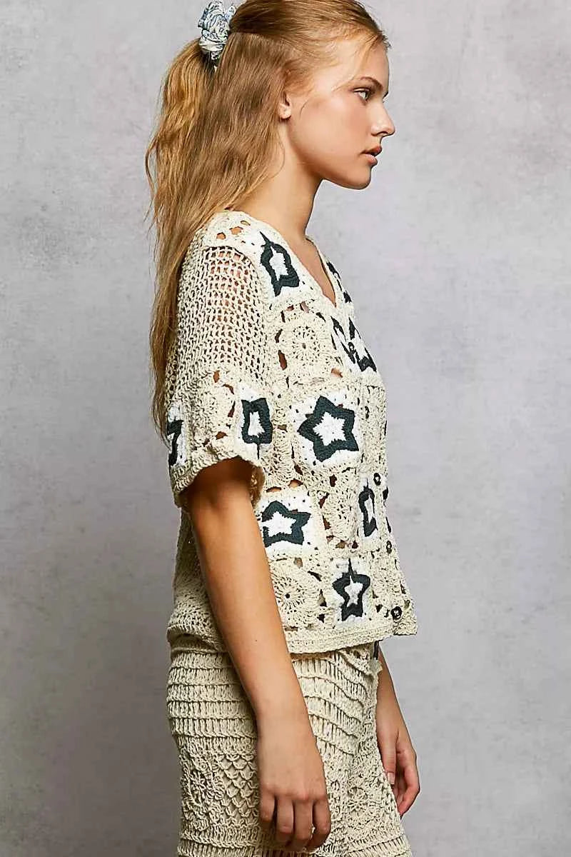 POL Button Front V-Neck Crochet Cardigan with Contast Star fb24899d-34da-49a4-adfd-7142c80b614c-Max-Origin