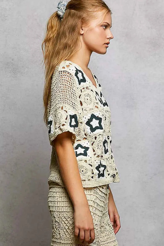 Button Front V-Neck Crochet Cardigan with Contast Star fb24899d-34da-49a4-adfd-7142c80b614c-Max-Origin